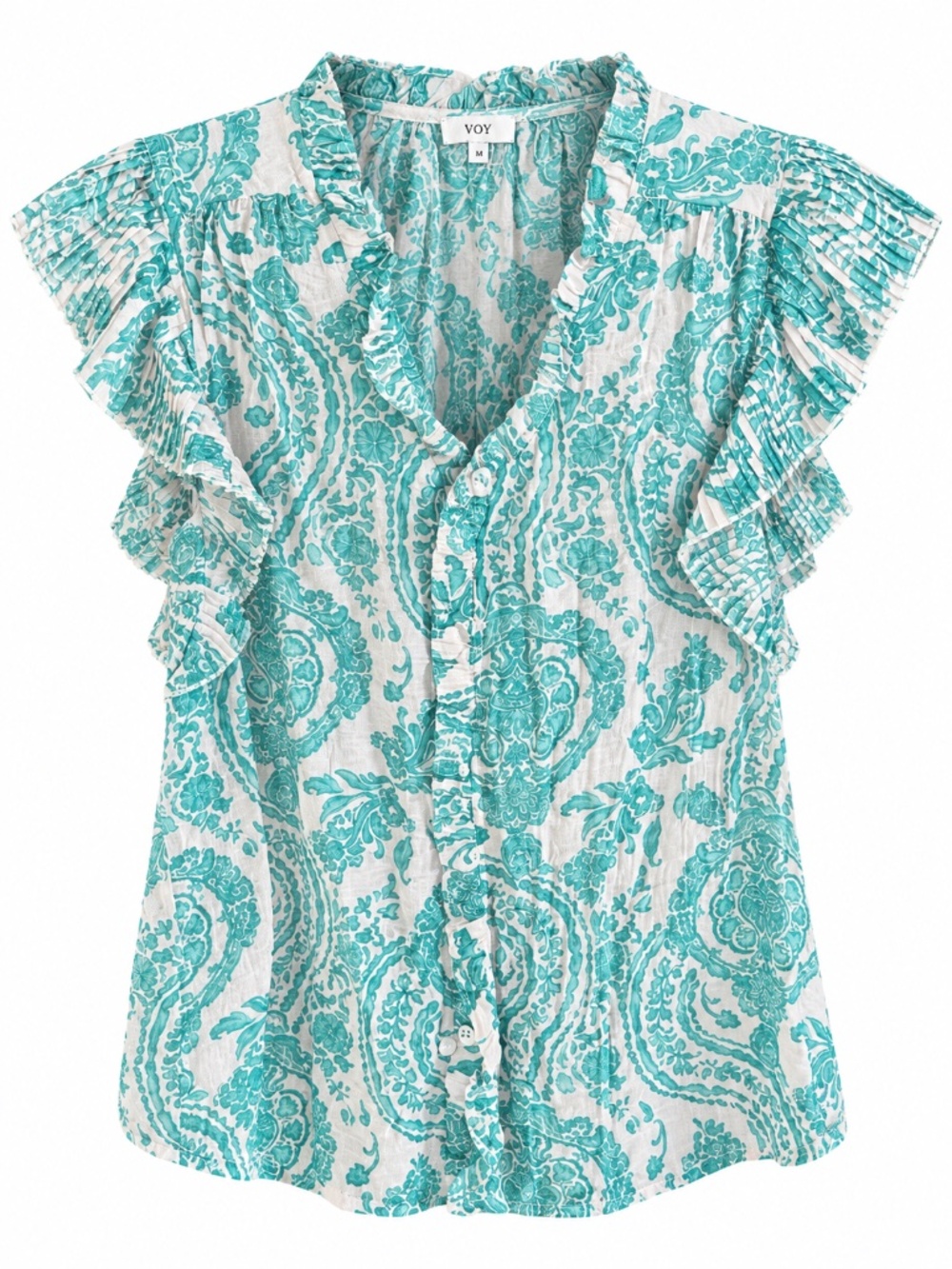 VOY Teal & Cream Paisley Ruffle Sleeve Blouse – Size M